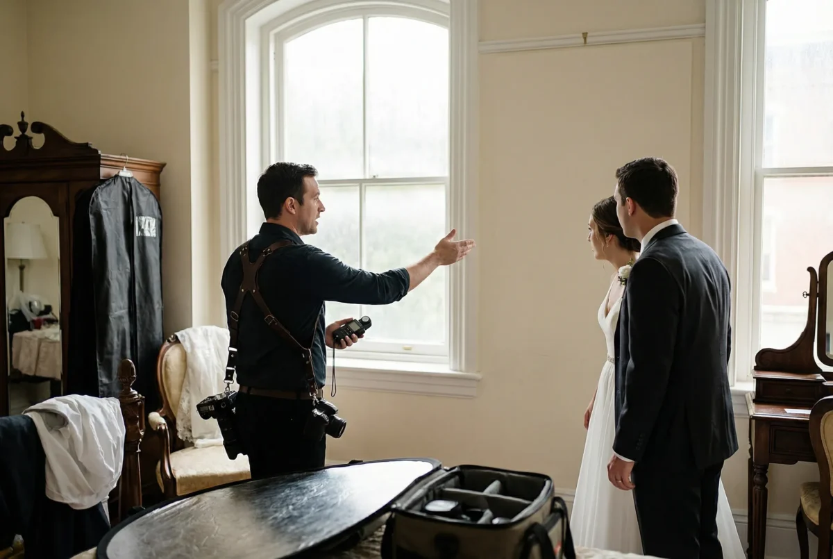 wedding portrait before r3 2 Photographer walking the couple through the safest window-light position before the portrait block begins.