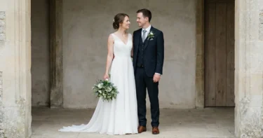 Bride and groom standing in a clean stone corridor for a stable full-length wedding portrait photography