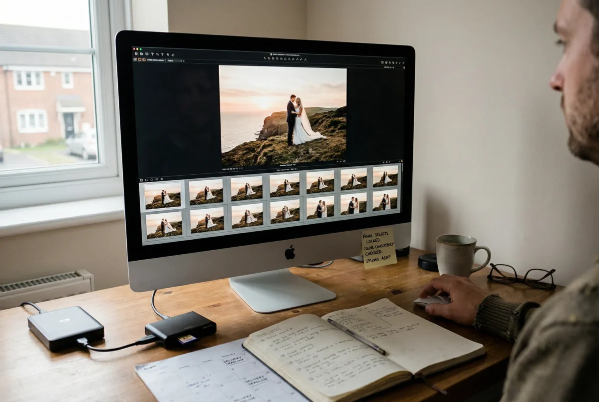 wedding portrait workflow r2 1 Selected wedding portraits moving through a consistent finishing and delivery workflow on the editor's screen.
