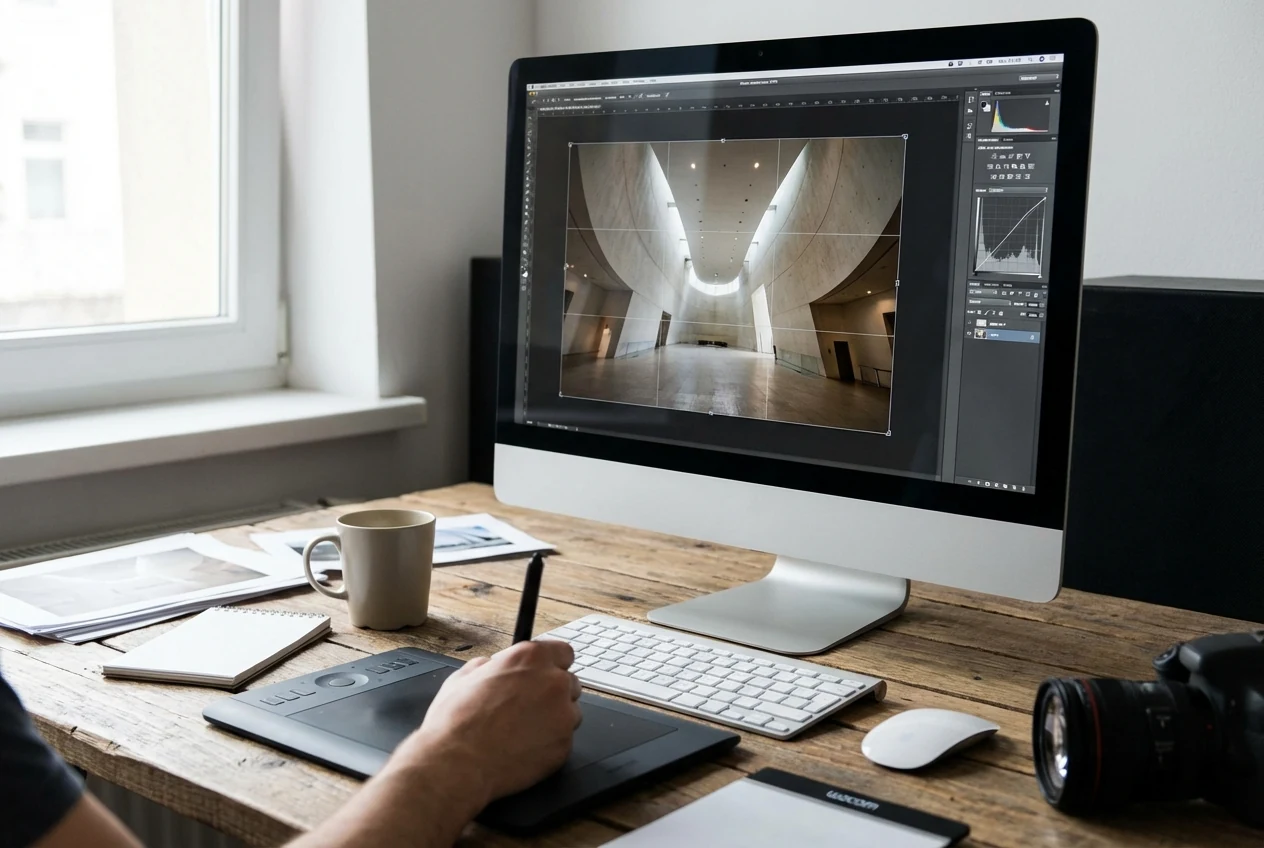 wide angle lens edit evoto nano r1 1 Editor reviewing a wide-angle architectural image on screen with attention on distortion and perspective correction before final crop
