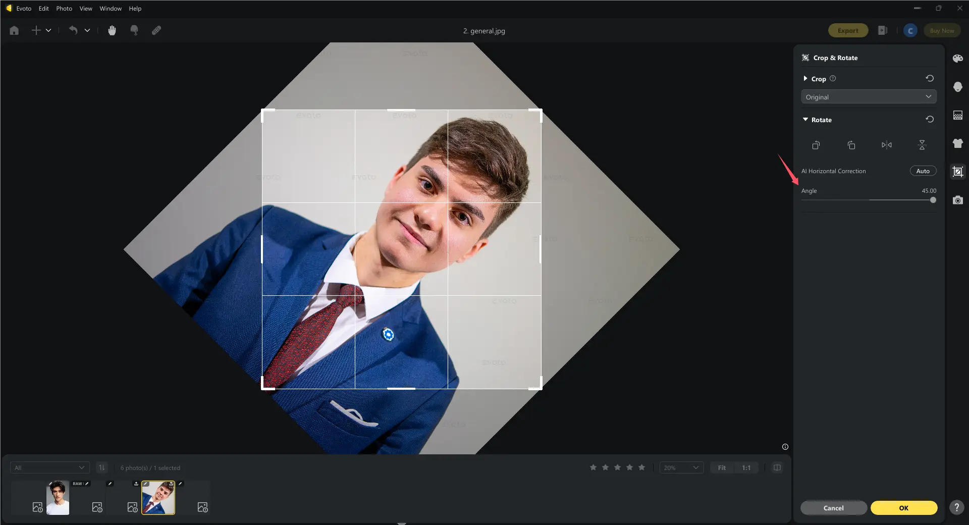 Como girar uma foto em ângulo livre e personalizado dentro do Evoto