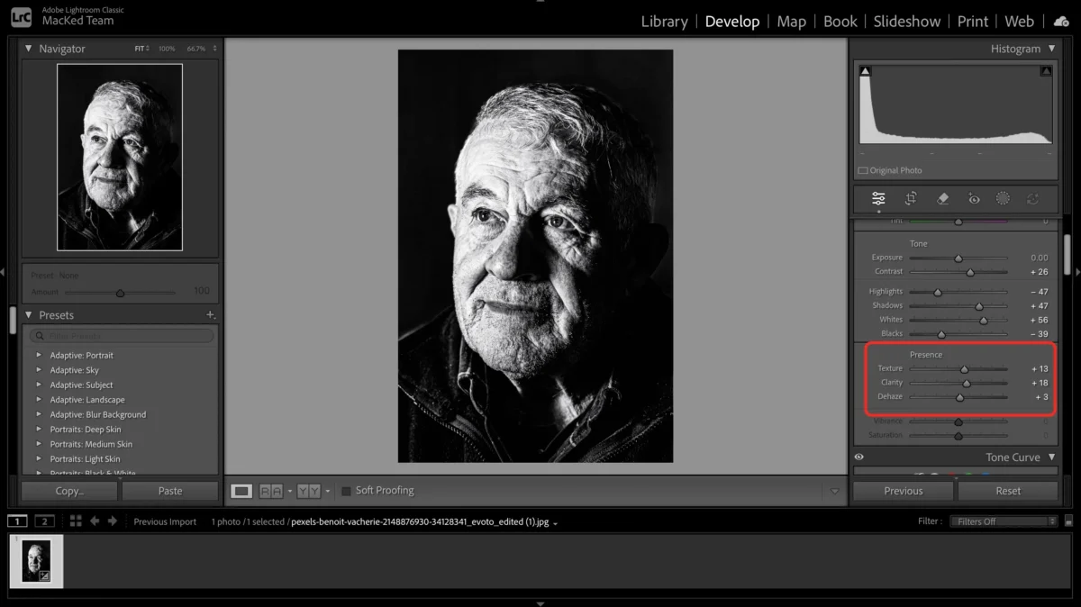 Ajustes de claridade e nitidez no Lightroom para refor\u00e7ar textura em foto preto e branco
