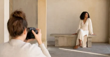 Photographer composing an off-center portrait with balanced negative space in an architectural courtyard