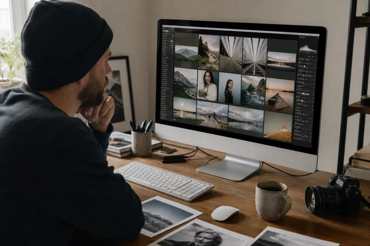 Photographer reviewing balanced portrait, landscape, and architecture images in an editing workspace