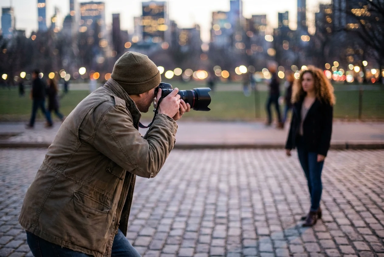 Photographer framing a subject with distant lights and clean background separation to create stronger natural bokeh in camera