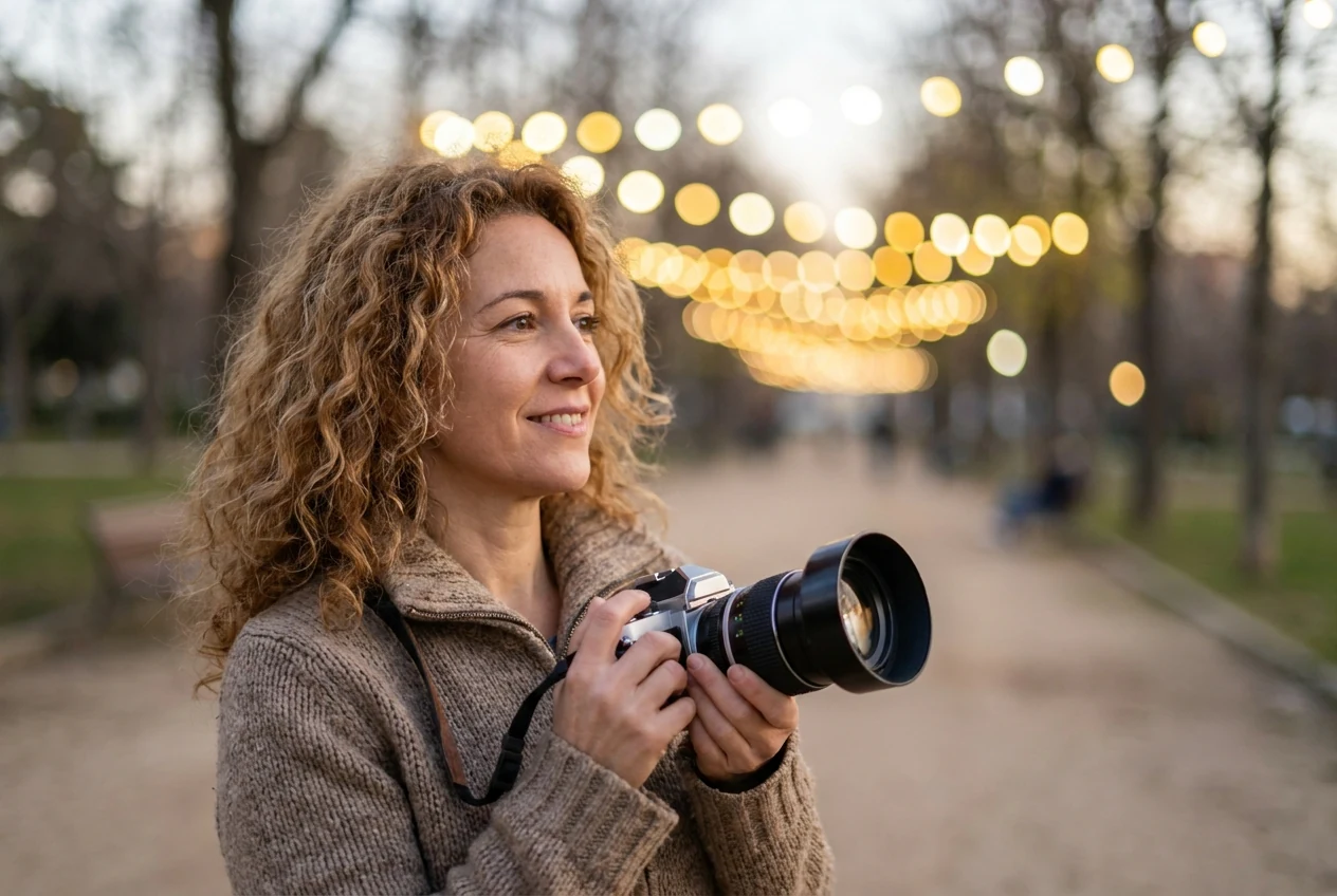 Outdoor portrait with clear subject-to-background distance and point highlights behind the subject to show what creates stronger bokeh