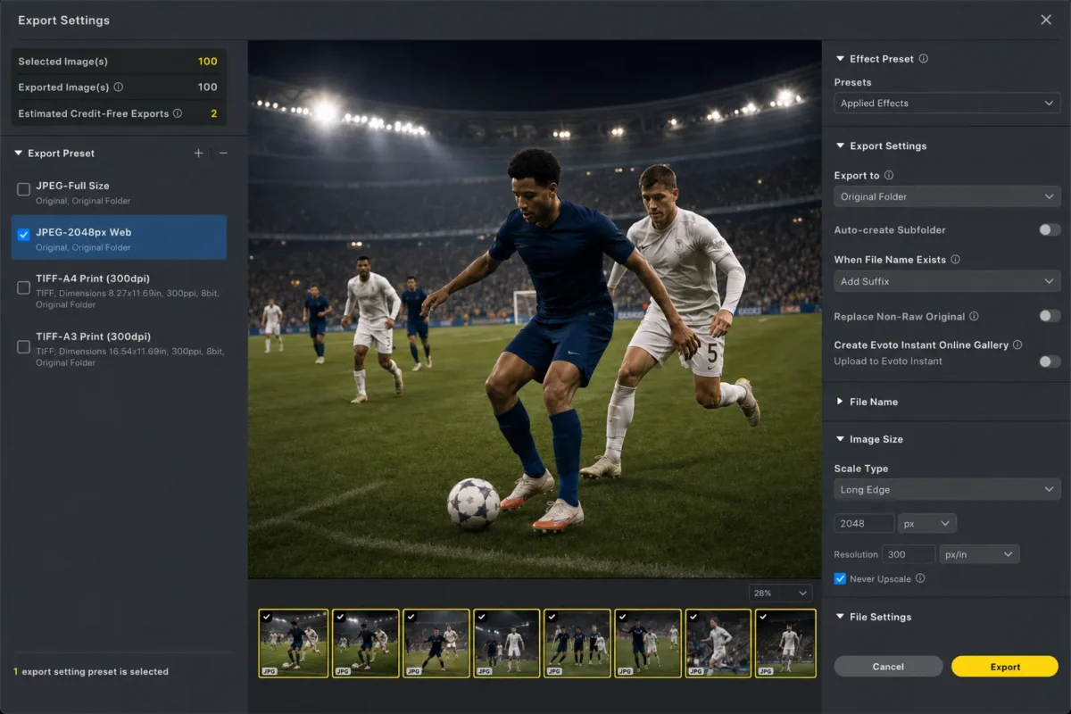 Evoto export settings preparing a polished football photography gallery for delivery