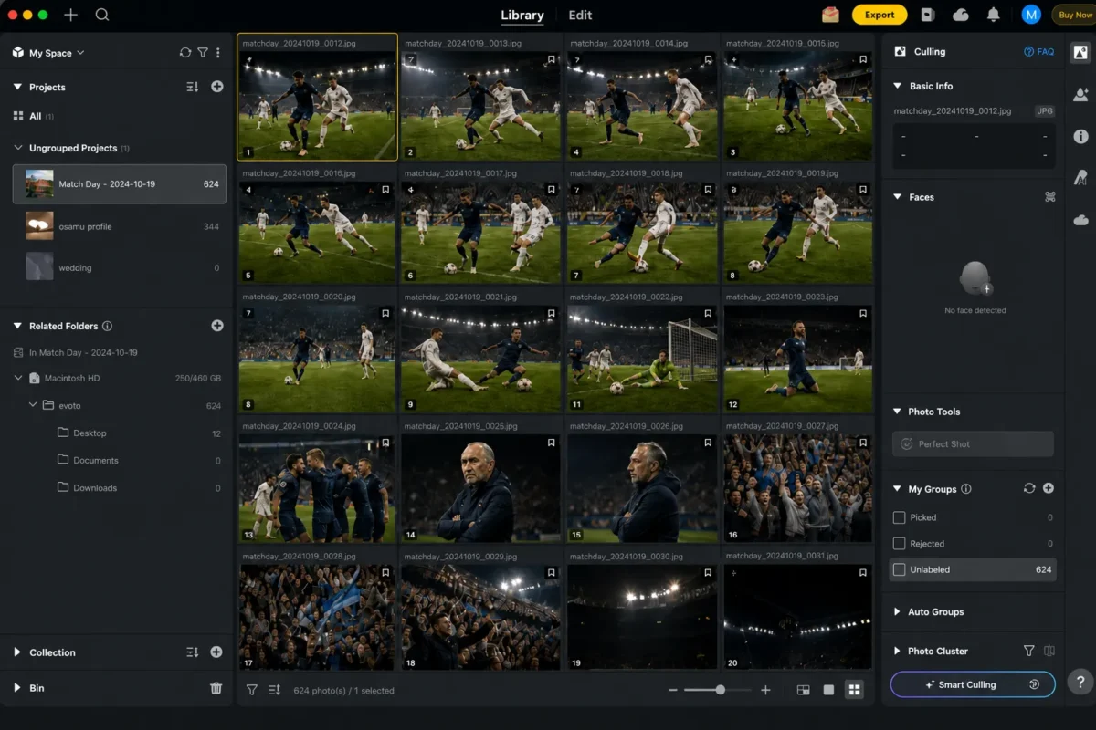 Evoto library view importing a football match photo set before culling and editing