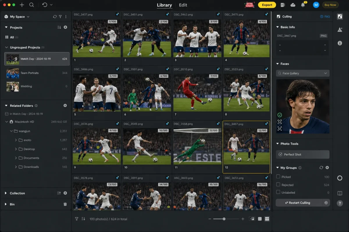 evoto smart culling in football photography