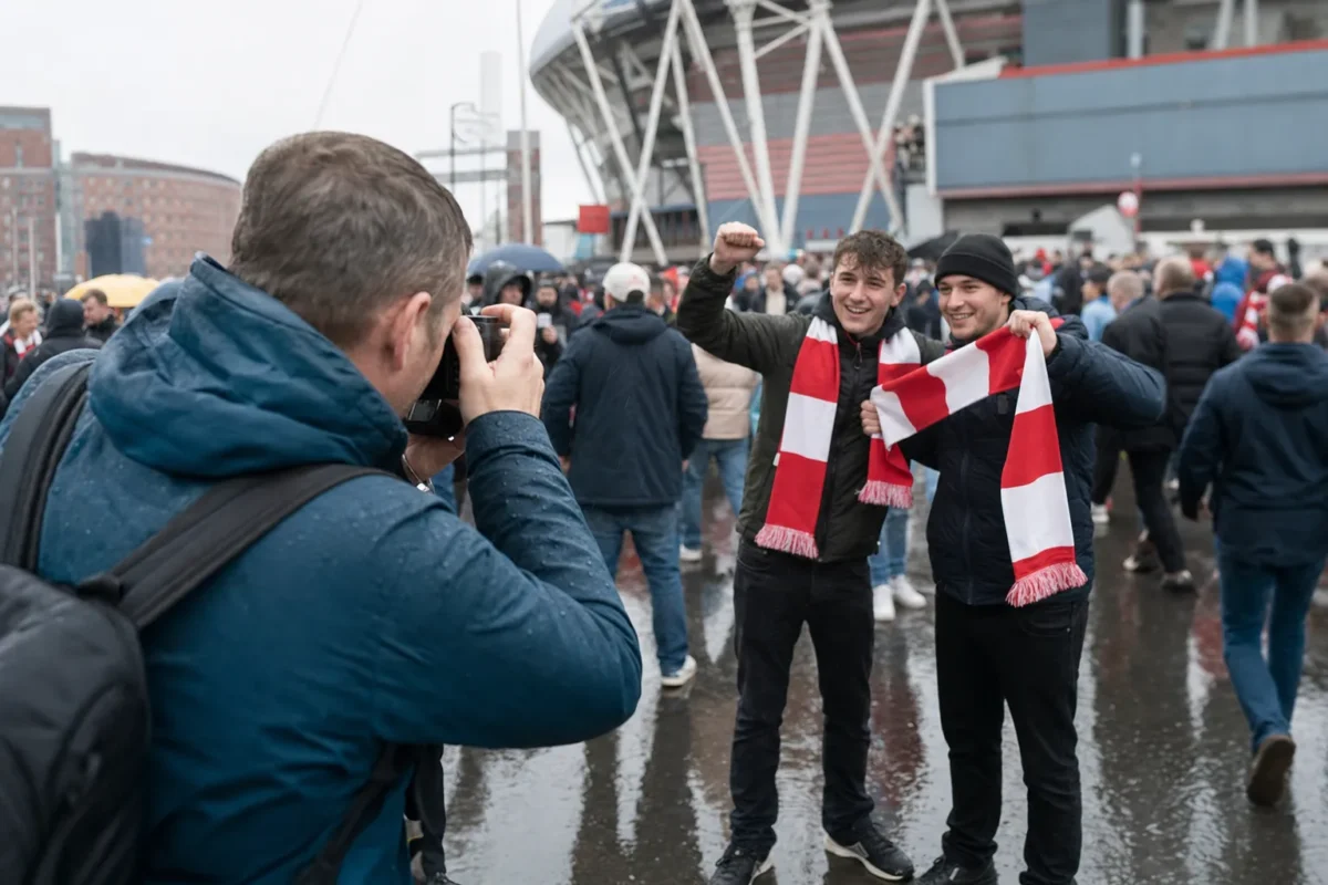 Football photographer capturing fans outside the stadium before kickoff