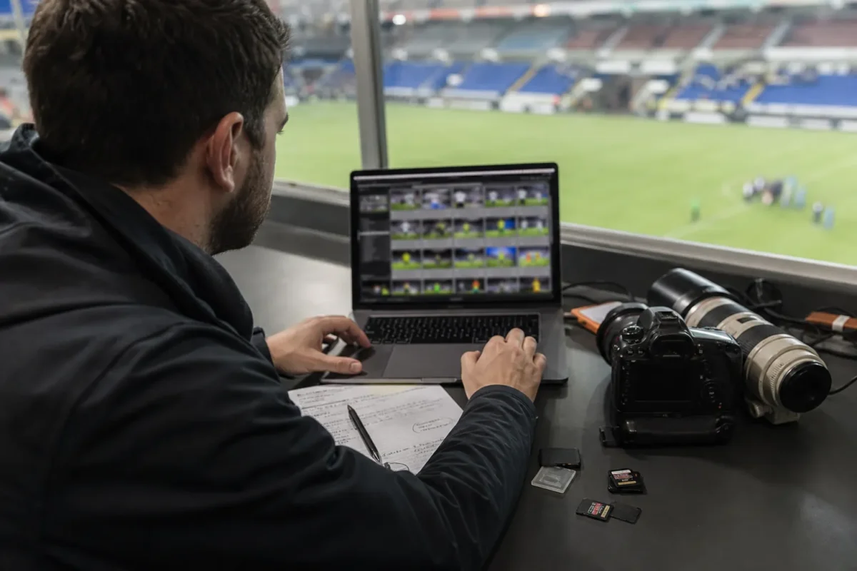 Sports photographer selecting final football match images for delivery