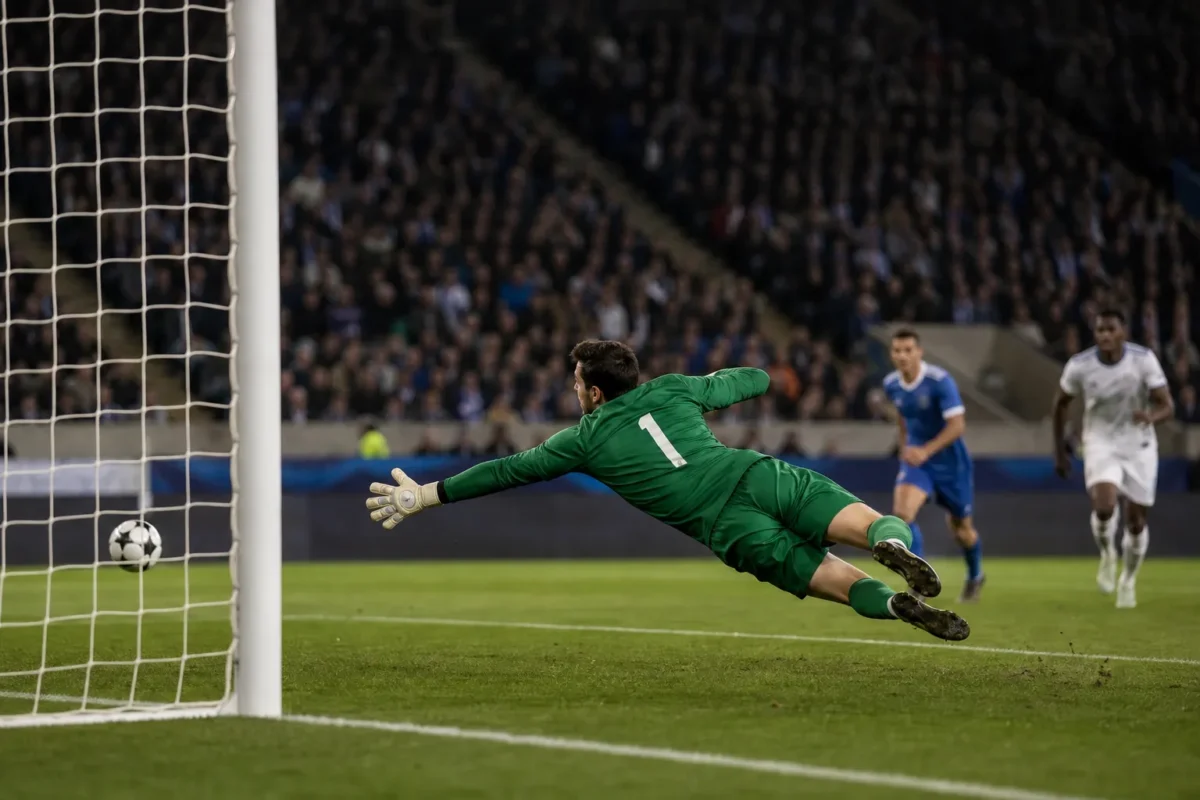 Goalkeeper diving to save a shot during a football match