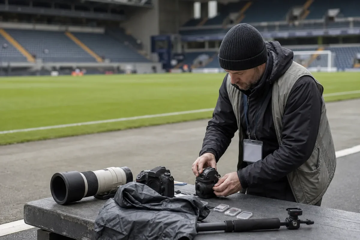 Sports photographer preparing cameras and lenses before a football match