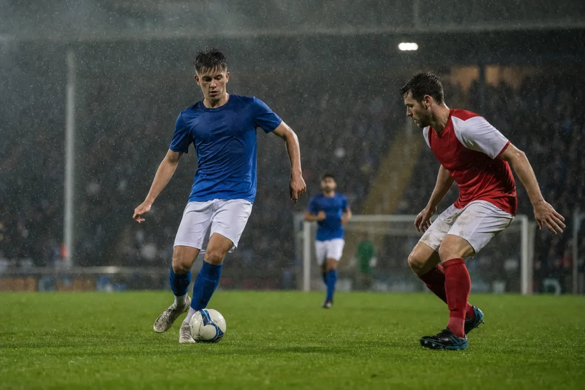 Football players competing in the rain under stadium floodlights