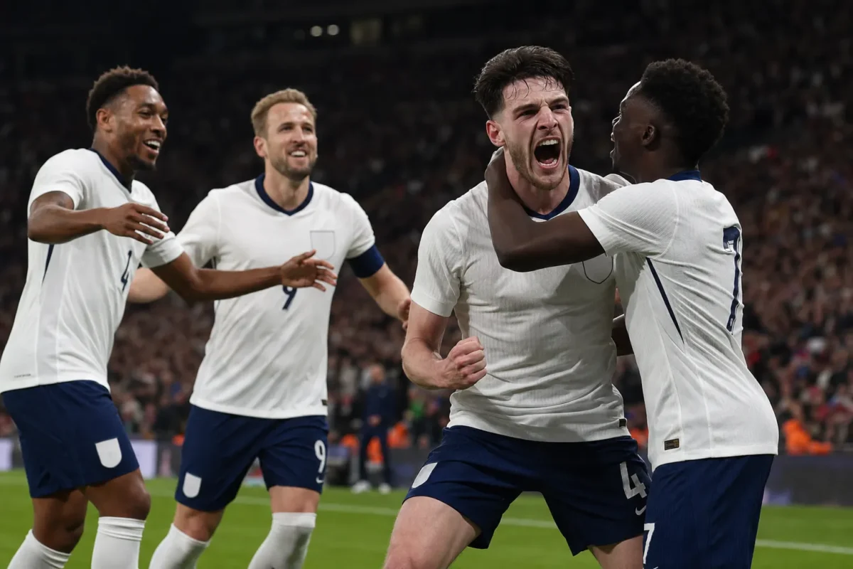  Soccer players celebrating a goal during a night match