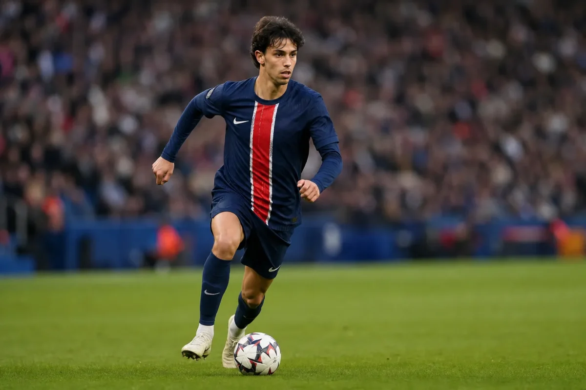 Soccer player running with the ball against a clean blurred stadium background