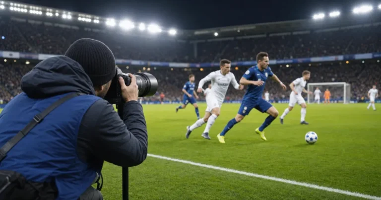 football photography tips: A photographer shooting from a low touchline position during a night football match