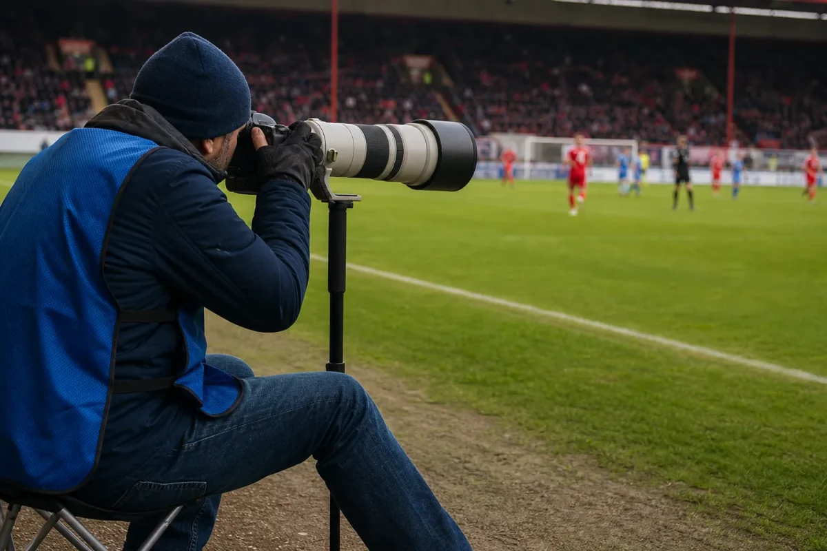 Soccer photographer using a telephoto lens on a monopod from the touchline