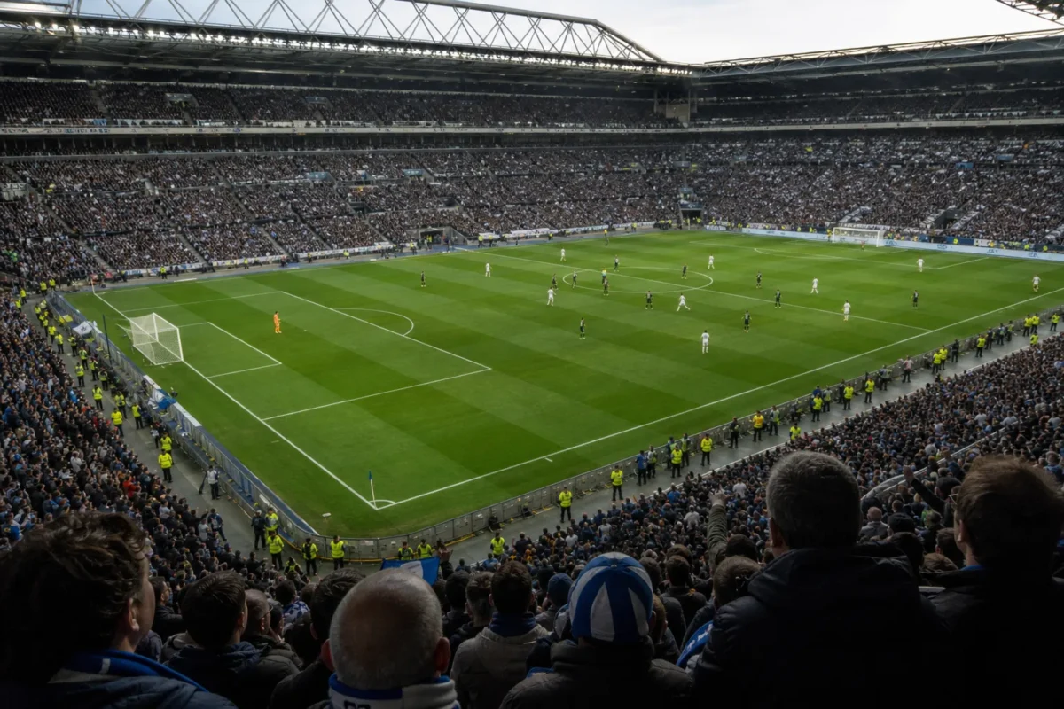Wide view of a soccer stadium during a match with fans and players