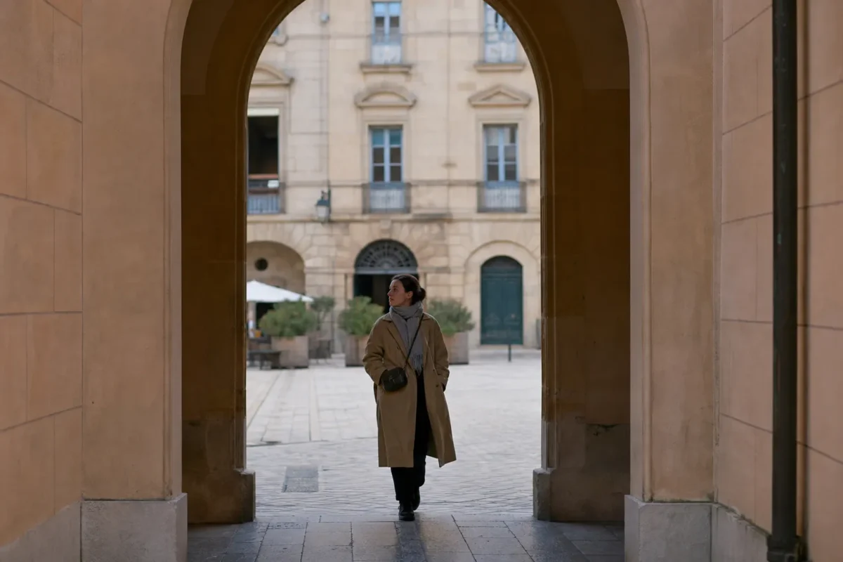  Person framed inside a large architectural archway in a quiet courtyard