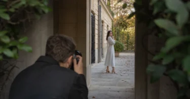 Photographer composing a portrait through leaves and an architectural opening to demonstrate framing in photography
