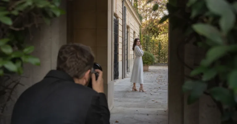 Photographer composing a portrait through leaves and an architectural opening to demonstrate framing in photography