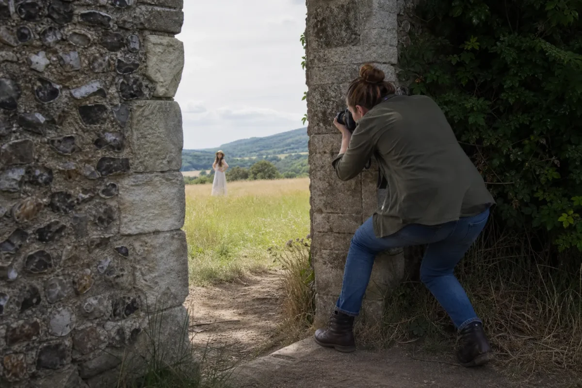 Photographer changing position to frame a distant subject through a stone doorway