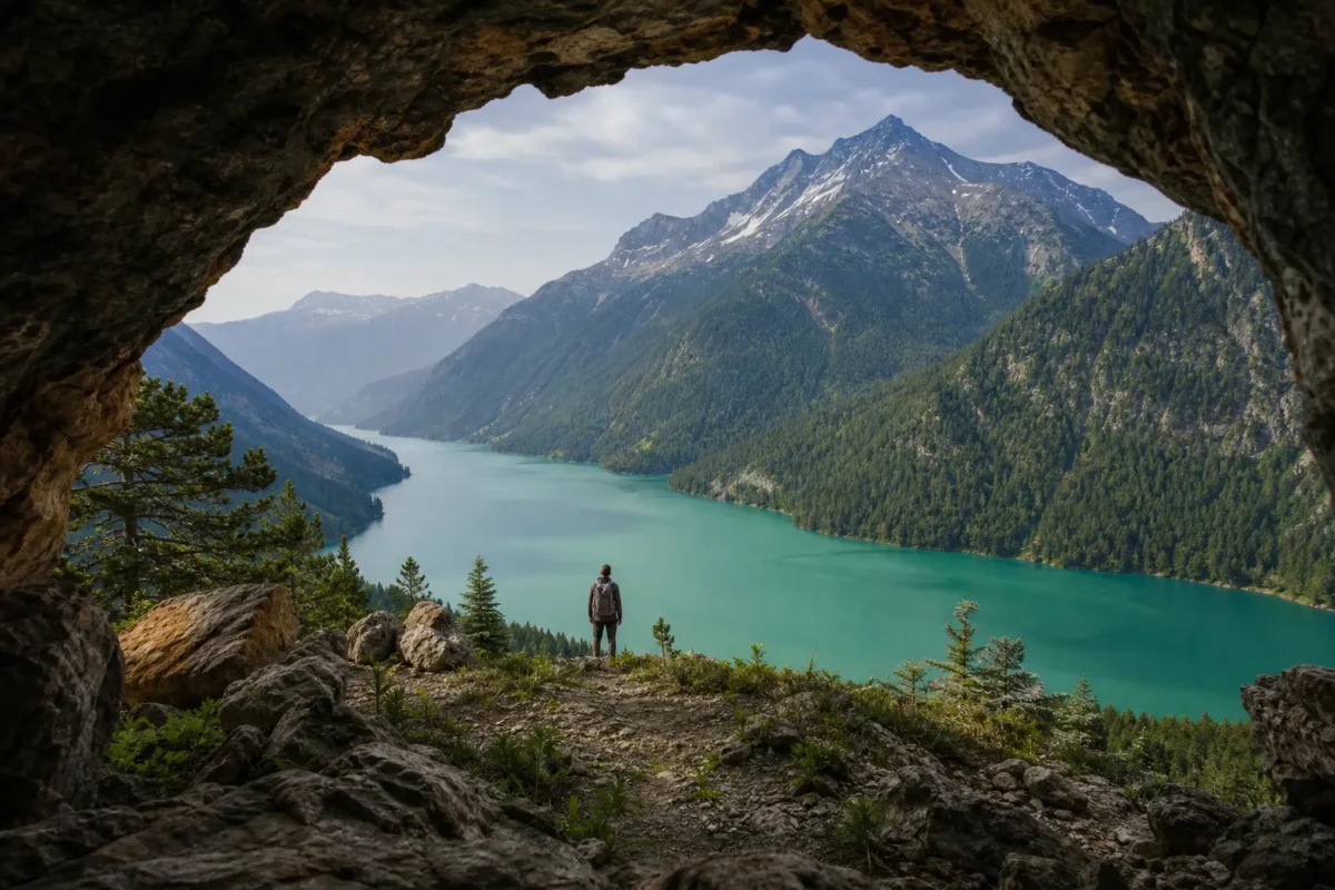 Mountain lake landscape framed by a cave opening to add depth and scale
