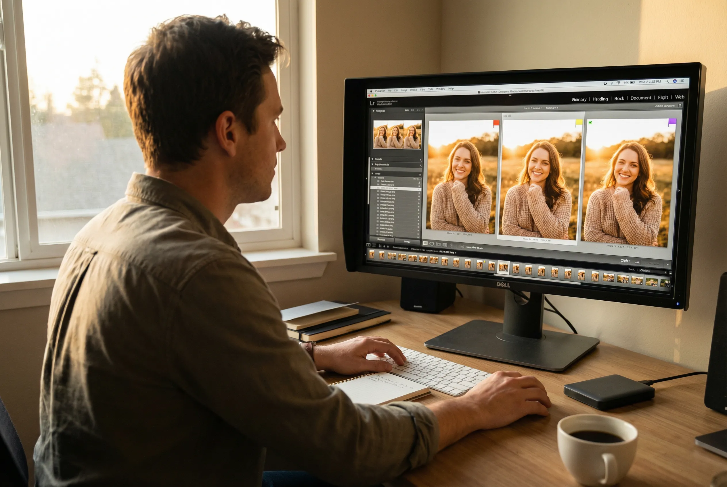 Retratos selecionados de hora dourada passando por triagem e decisões de color match na tela do editor