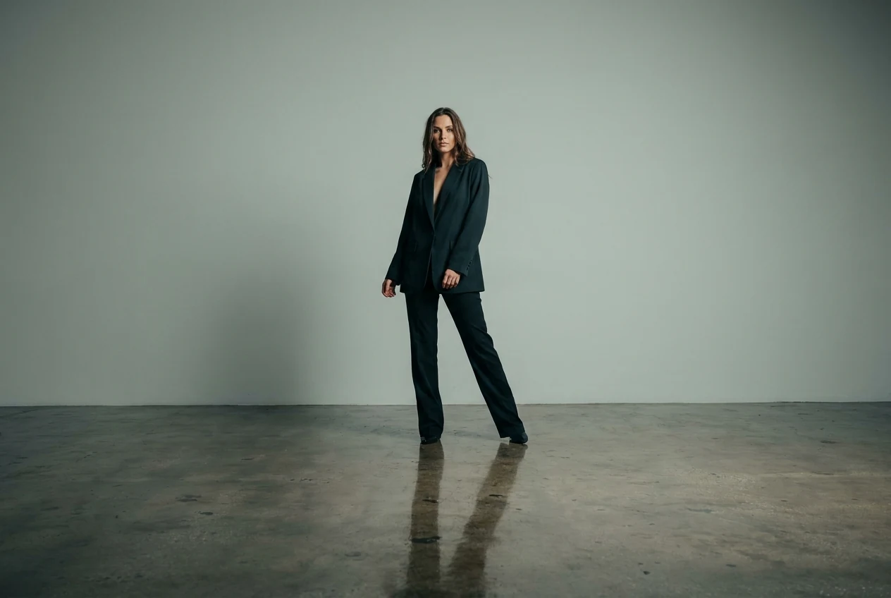 Studio portrait with a soft believable floor reflection that looks polished rather than fake