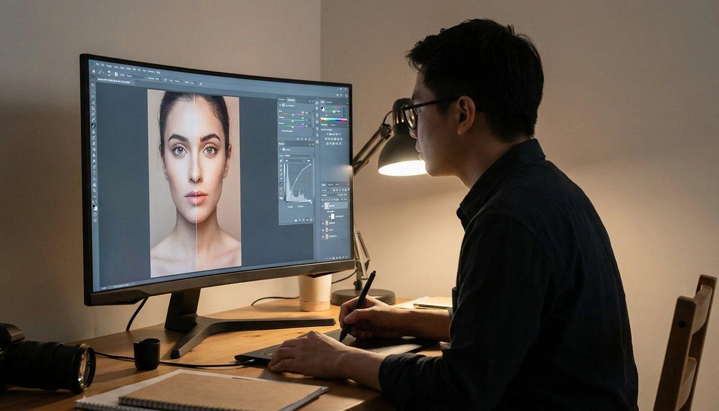Photographer fine-tuning color and edges on a computer screen, with a model's portrait visible in photo editing software