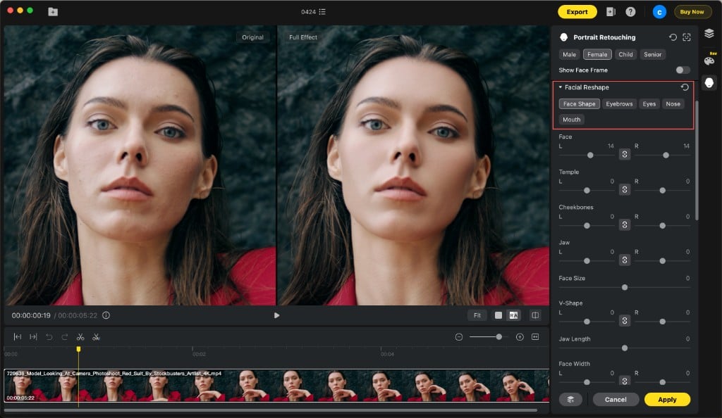 Modul „Gesichtsumformung“ in Evoto Video