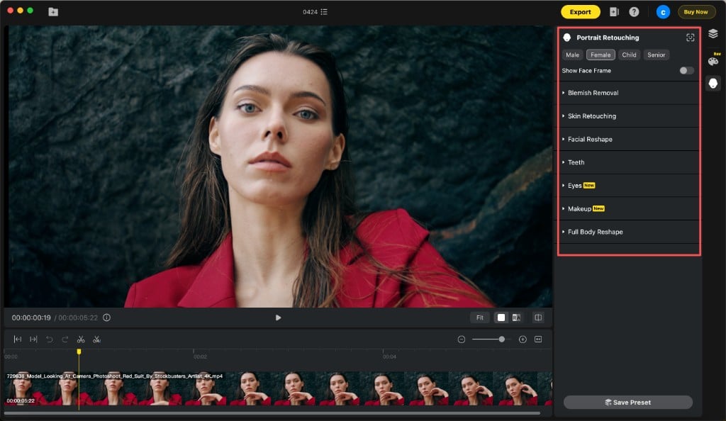 Panel „Porträt-Retusche“ in Evoto Video