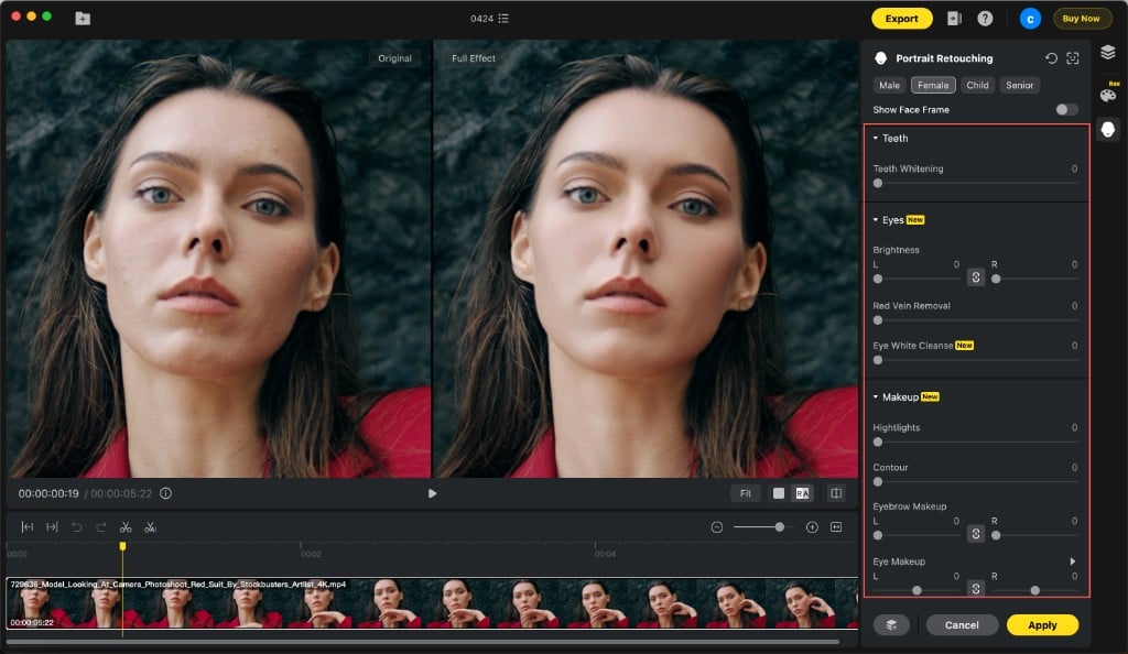 „Zähne“, „Augen“, „Make-up“ und „Körper umformen“ in Evoto Video