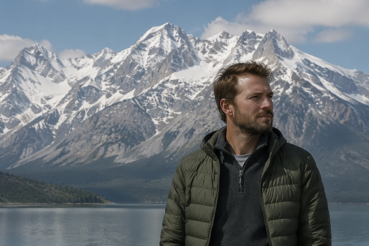 Portrait or travel scene showing distant mountains or buildings looking unusually large and close behind the subject to illustrate lens compression