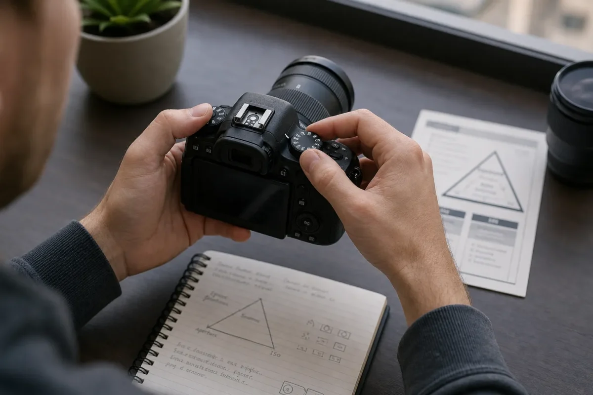 Photographer adjusting camera dials beside exposure triangle notes