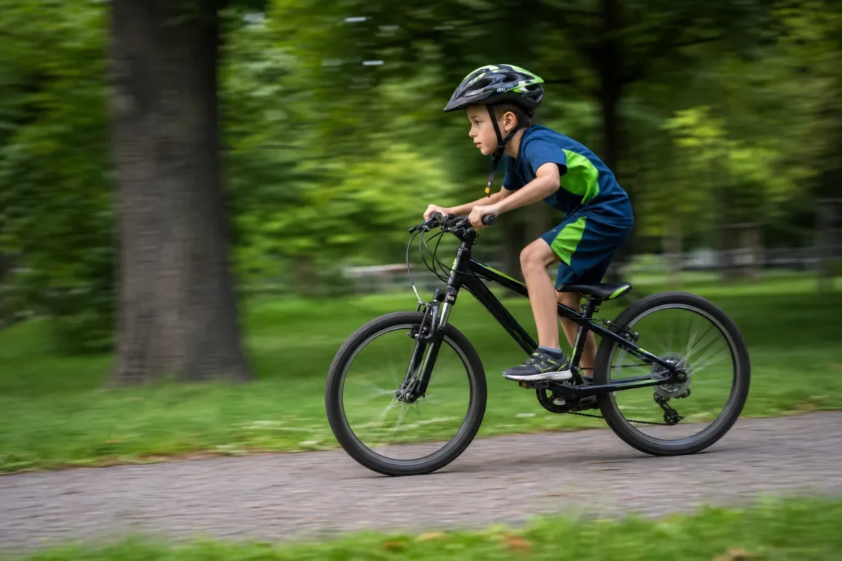 Manual mode action example showing shutter speed control for a cyclist in motion