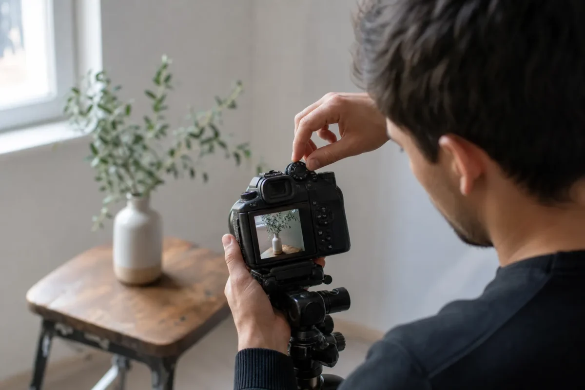 Photographer checking a test shot and adjusting one manual camera setting