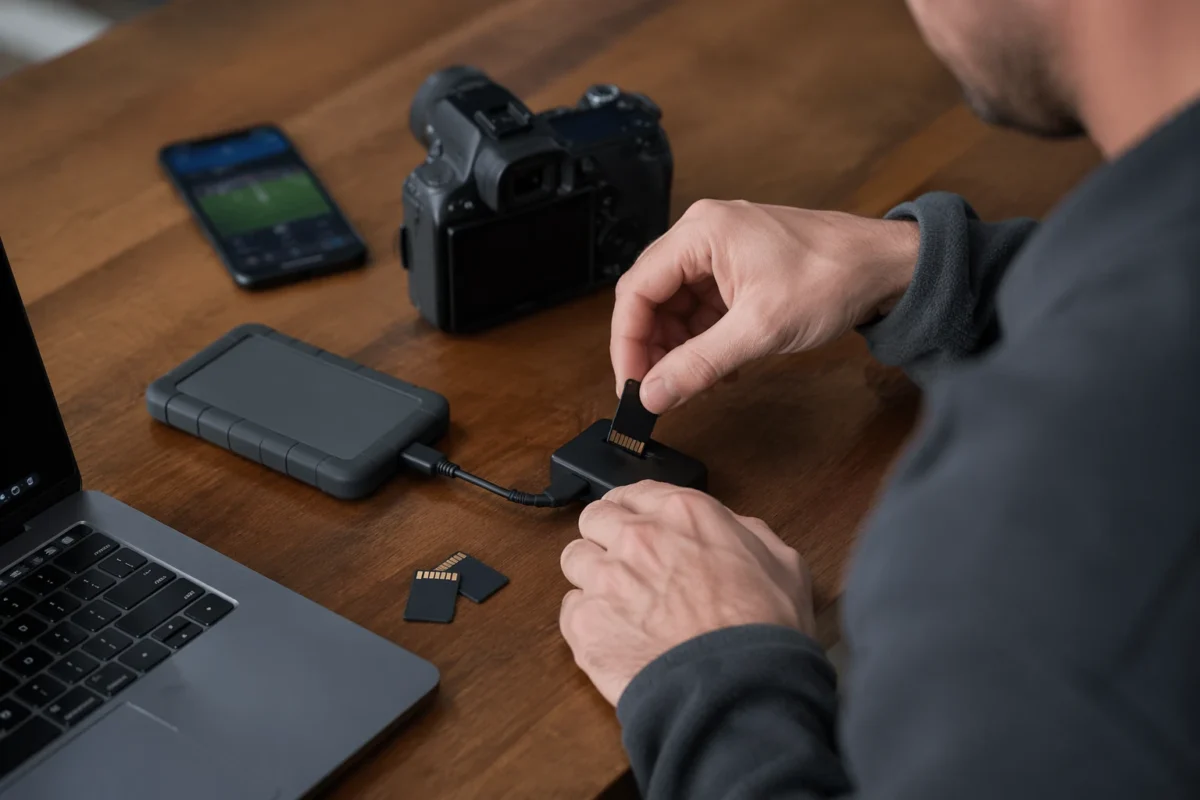 Photographer backing up memory cards before starting a match-day editing workflow
