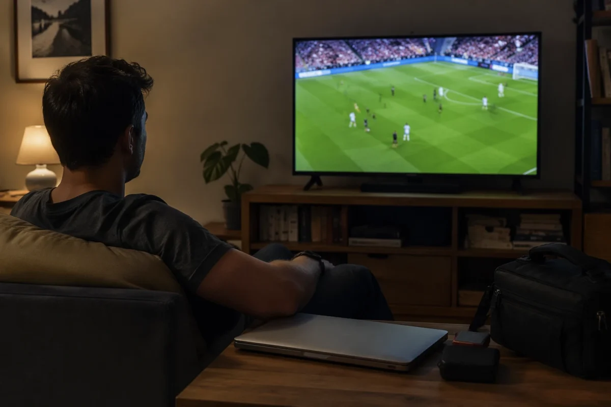 Photographer relaxing while watching a football match after finishing work