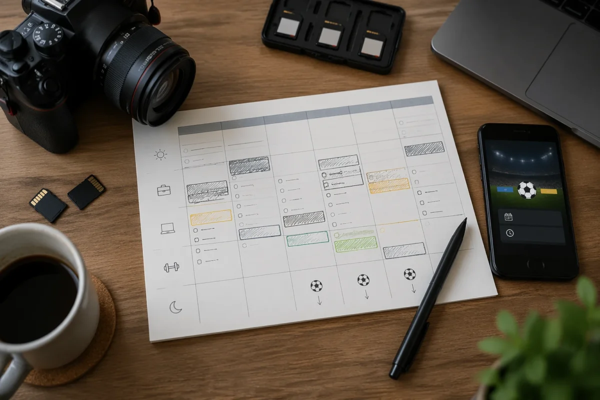 Photographer planning editing blocks around a football match on a weekly calendar
