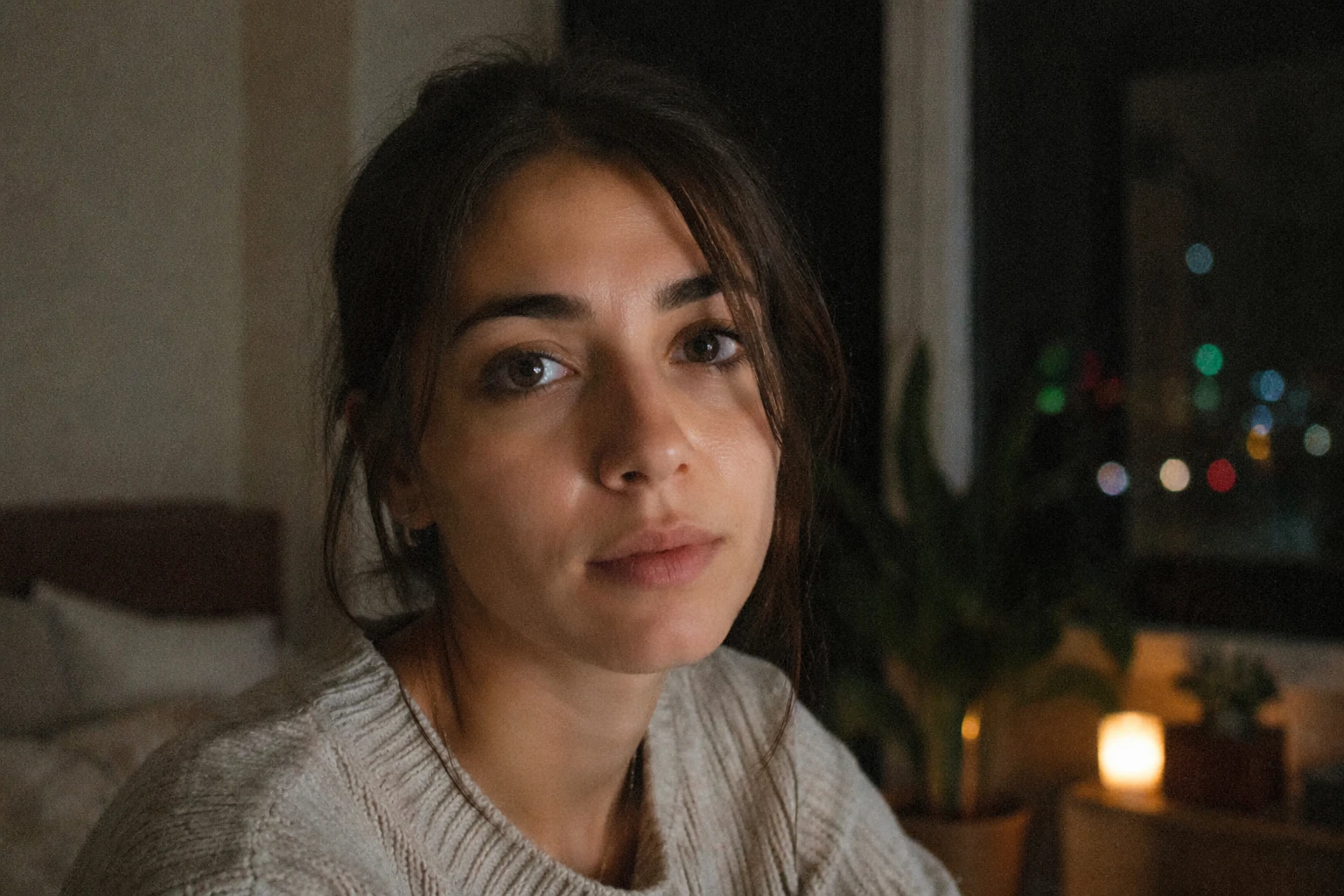 Portrait with visible grain in low light showing a noisy image that is still in focus