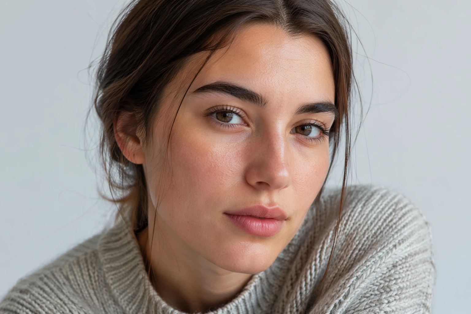 Portrait close-up showing noise reduction while keeping eyelashes, eyebrows, skin texture, and fabric detail readable