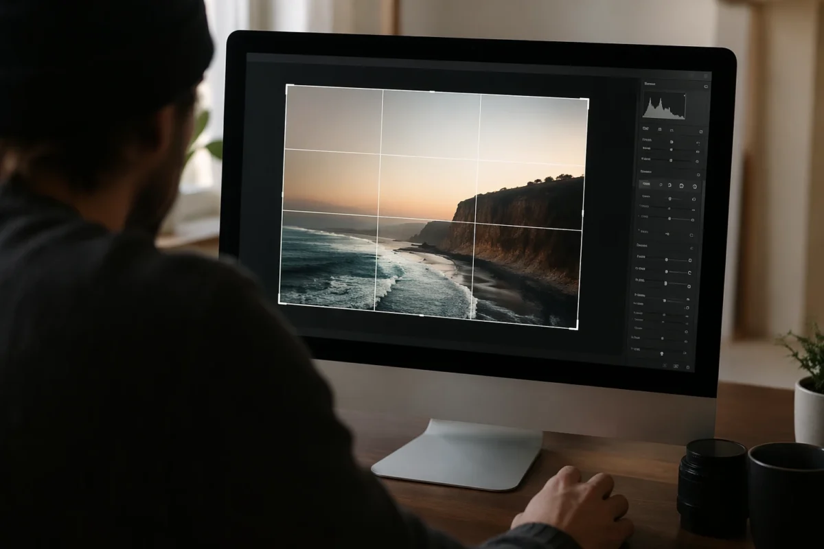Photo editing crop view showing a rule of thirds grid used to refine subject placement