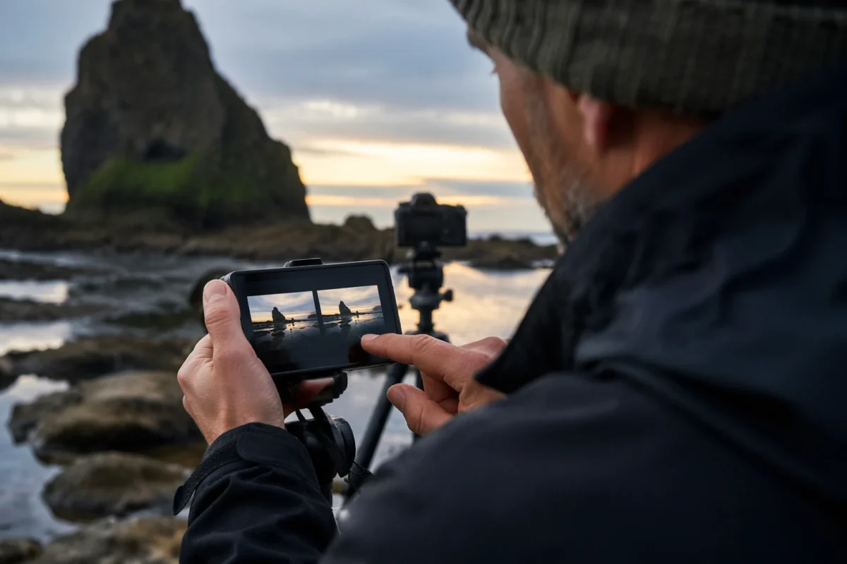 Photographer comparing a centered frame and an off-center rule of thirds composition on location