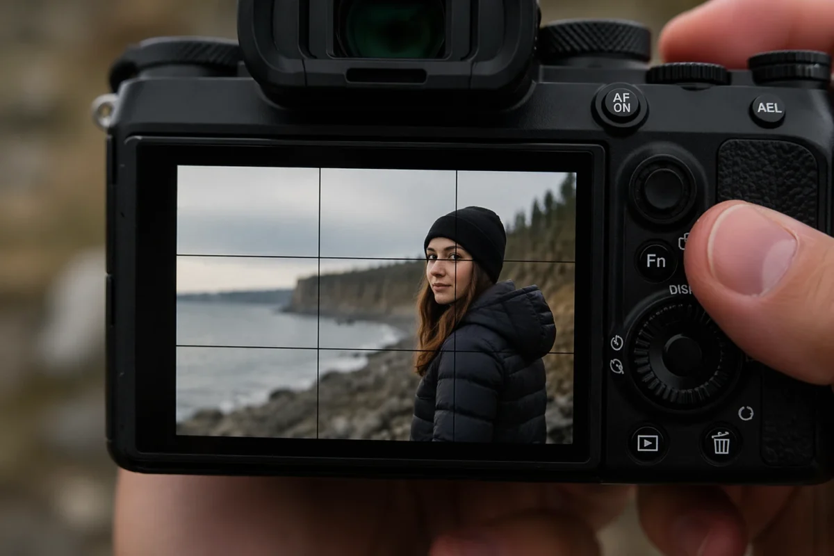 Camera viewfinder showing a simple rule of thirds grid over a portrait subject near an intersection