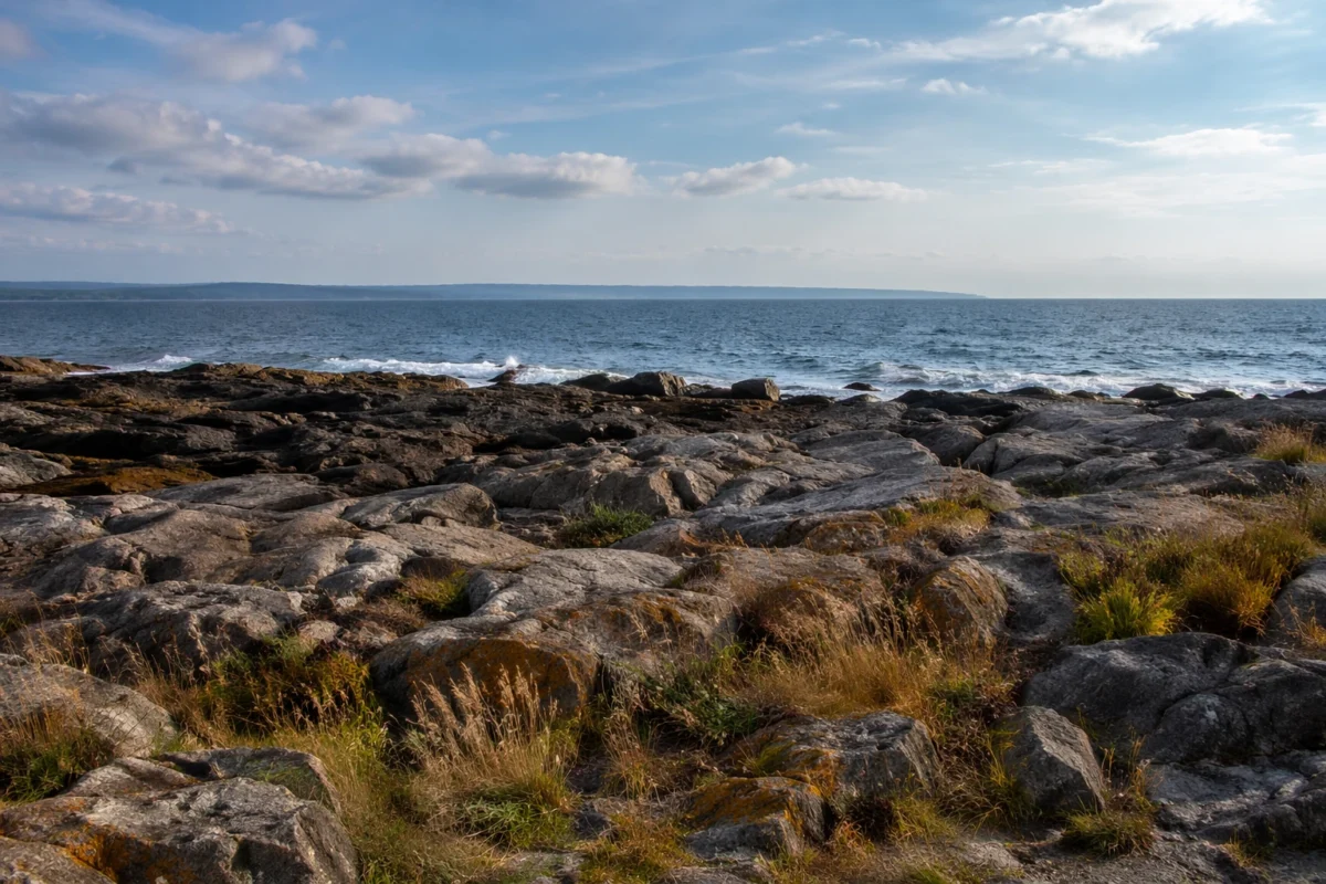 Landscape photo with textured foreground rocks and the horizon placed along the upper third line