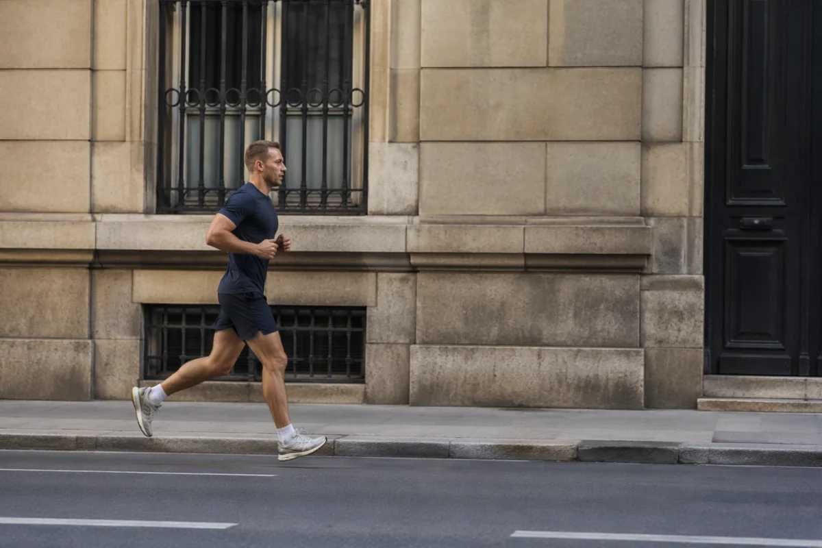 Street photography scene with a cyclist placed on the left third and open space ahead of the motion