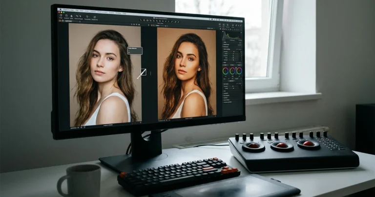 Espacio de edición fotográfica comparando corrección de color y color grading dentro de un flujo de foto fija