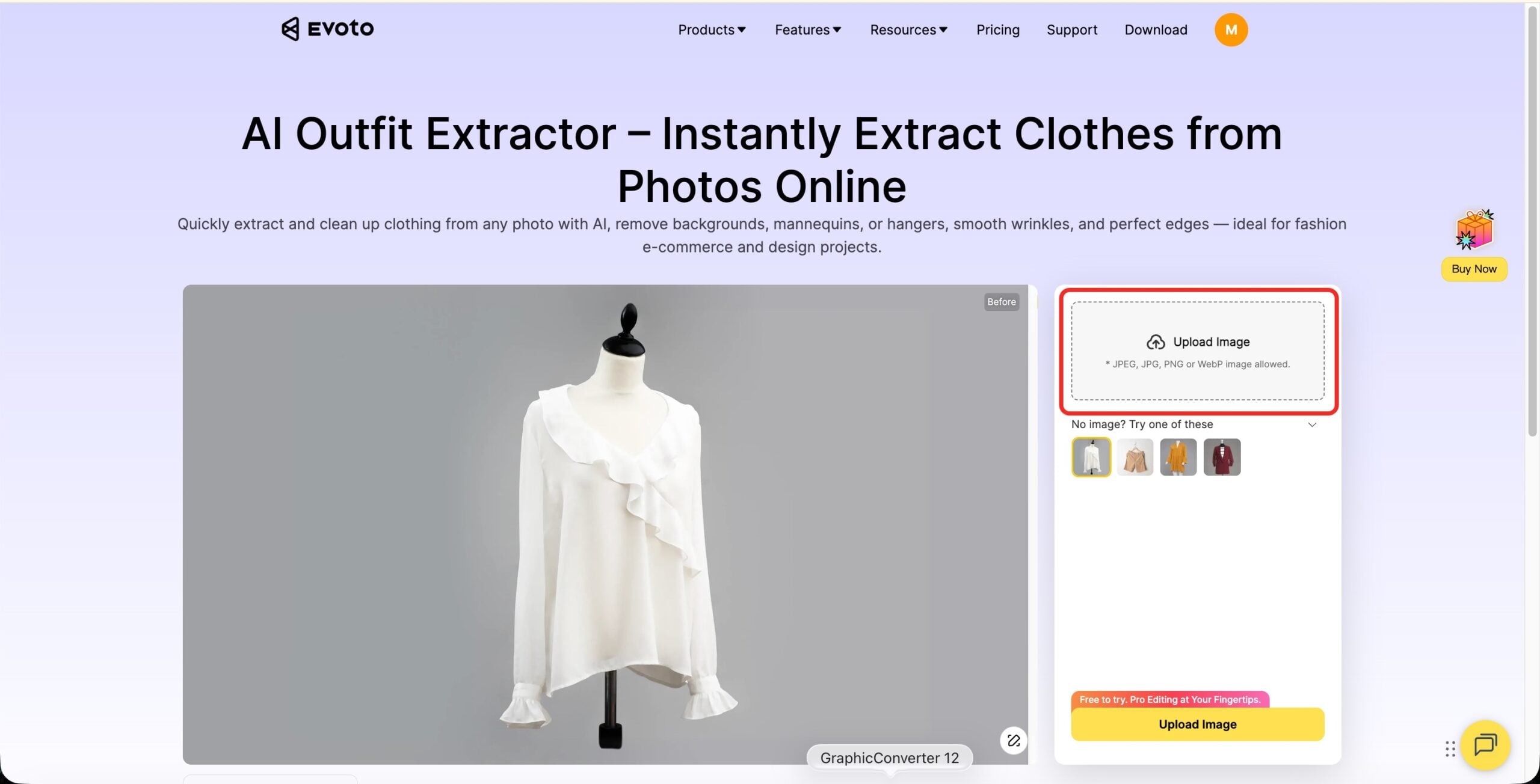 Upload de imagens no Evoto para gerar fotos com manequim fantasma
